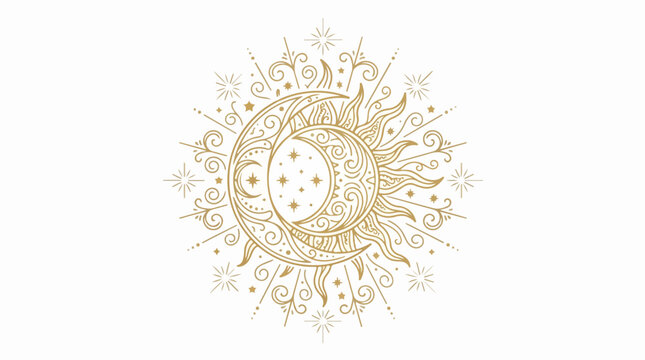 Golden celestial sun and moon emblem with intricate mandala ornaments.