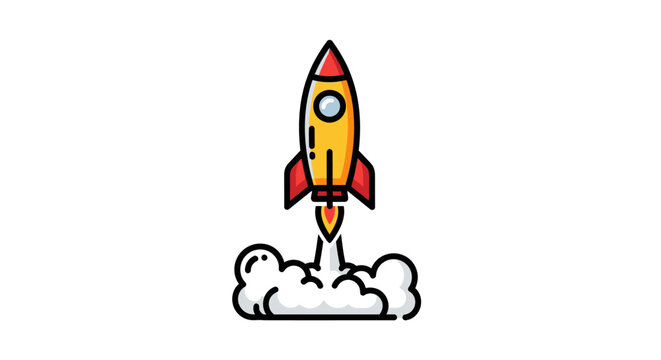 Cartoon rocket launching with smoke, symbolizing startup, business progress, innovation, and ambitious future growth. Flat design icon.