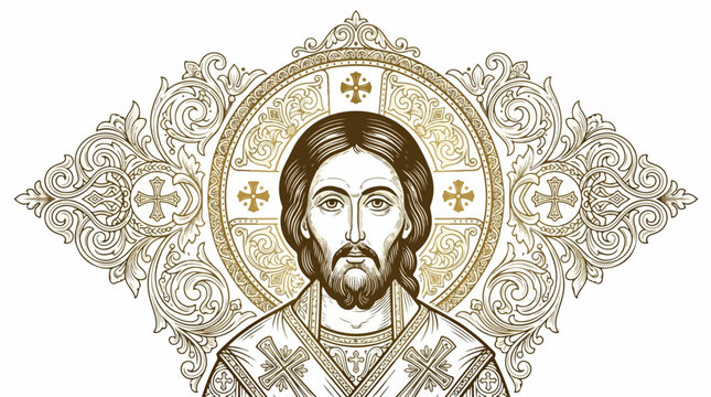 Jesus Christ orthodox icon illustration with decorative golden floral background.
