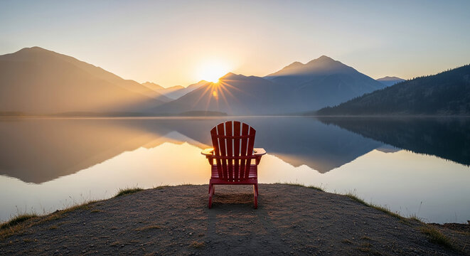 Red chair placed by a lake during a calm morning sunrise perfectly for highlighting beautiful landscapes and relaxing travel