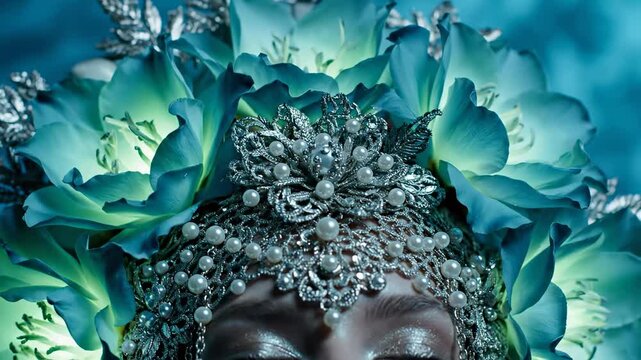 Ethereal fantasy portrait of a woman wearing an ornate pearl crown and blue floral headdress with eyes closed.