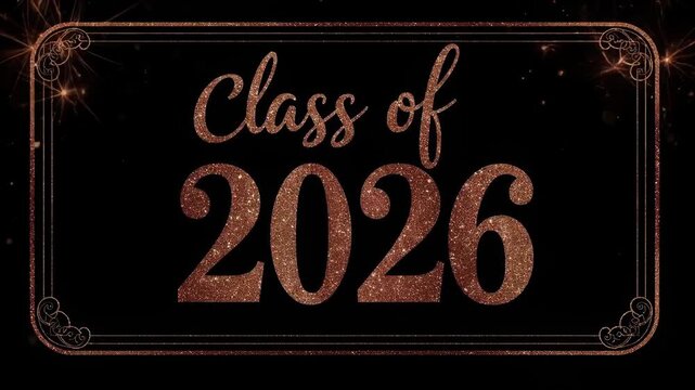 Glittery rose gold Class of 2026 text on black background with decorative border 
