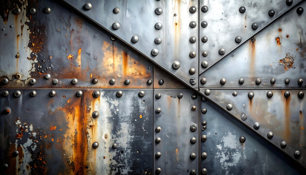 Riveted metal panels with extensive rust and corrosion, textured surface with distressed industrial look
