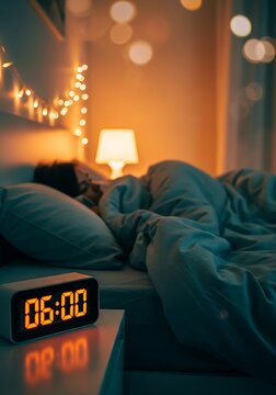 Person sleeping in bed with digital clock blanket pillow