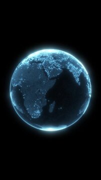 Digital blue glow dotted planet earth loop animation isolated on a black background. Rotating stylized world globe with square particles. Big data technology, communication, or digital concept