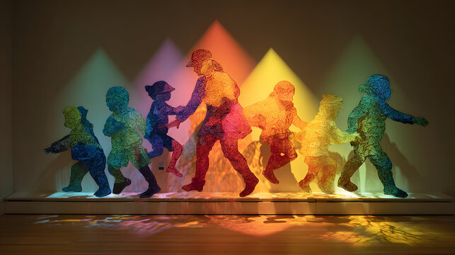 Silhouetted dancers performing on stage with vibrant colored lighting