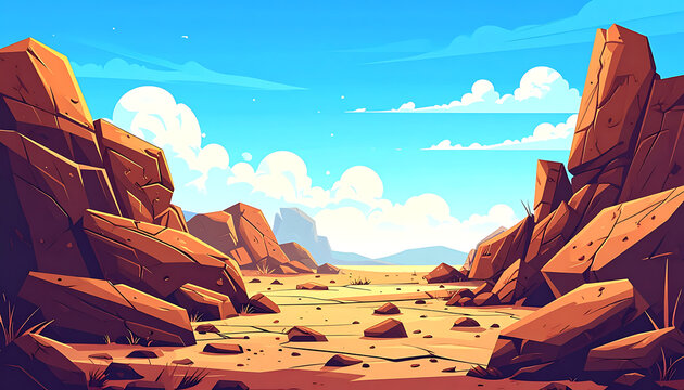 Pixel art desert landscape with towering rock formations and a bright blue sky, vast arid terrain, distant mountains, outdoor natural scenery, retro game environment