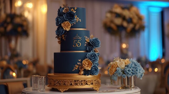 Elegant Navy Blue and Gold 65th Birthday Tiered Cake with Floral Decorations.