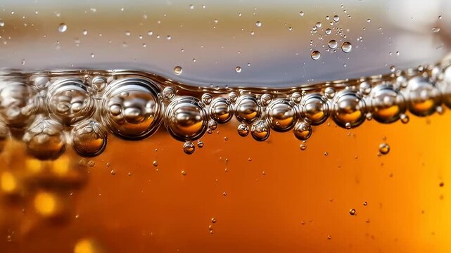 Close-up shot of golden liquid with bubbles of varying sizes forming a floating layer