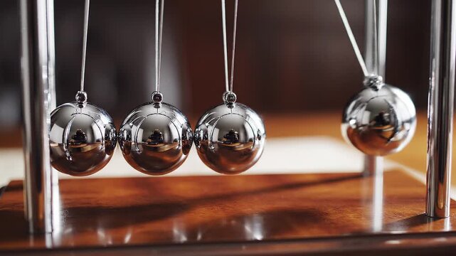 Newton&rsquo;s cradle metallic spheres in motion