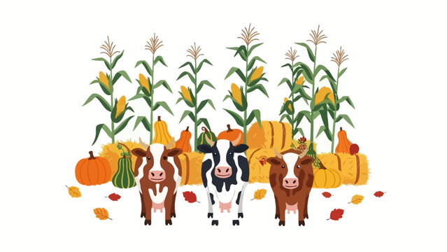 Cows Standing Near Corn and Pumpkins.