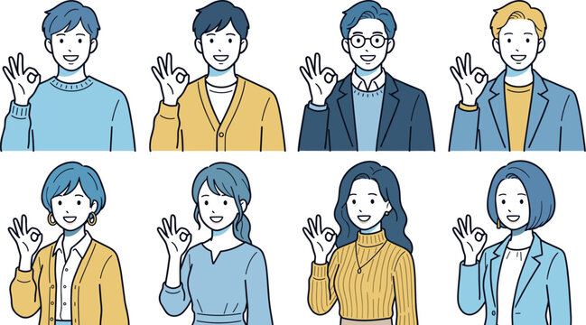 OKサインをする男女セット｜承認・成功・ポジティブなビジネス人物イラスト