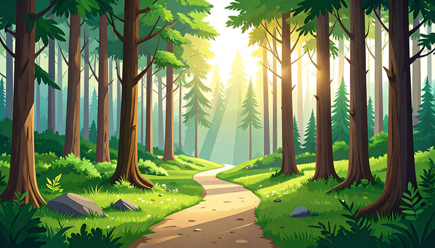 Pixel art forest path bathed in golden sunlight, with tall trees, green foliage, and dappled light creating a serene natural landscape, ideal for game backgrounds or digital art.