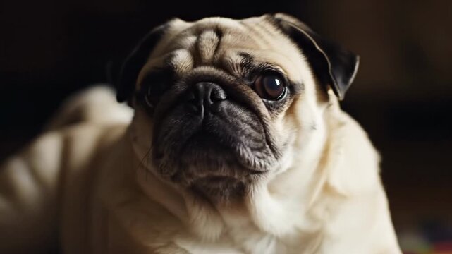 Close up portrait of a funny pug dog licking its nose with its tongue out.
