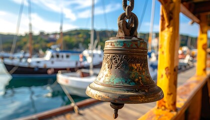 Fototapeta premium A weathered bronze bell hangs from a yellow structure overlooking a marina with boats and calm water