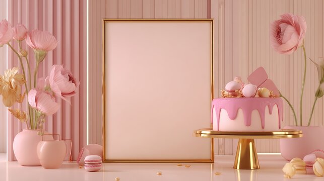 Elegant Pink Birthday Cake and Floral Display with Blank Frame.