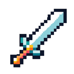 Fototapeta premium Vibrant pixel art sword illustration, depicting a classic fantasy weapon with a blocky, retro video game aesthetic, perfect for digital designs and gaming themes