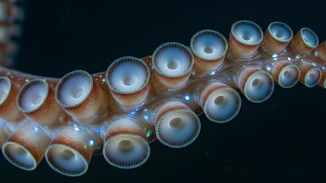 Close up of the suckers on an octopus tentacle against a black background