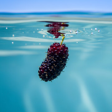 A closeup shot of a mulberry fruit submerged in water.