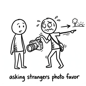 Nervous stick figure photographer handing expensive camera to stranger, funny trust issues concept cartoon