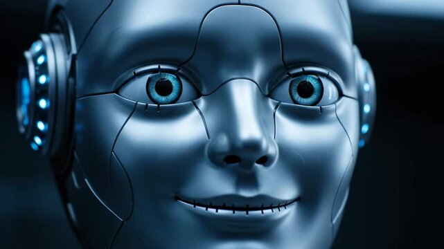Close-up of a futuristic silver robot face with bright blue eyes