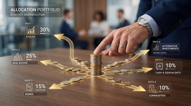 Businessman adjusting allocation portfolio with coins and arrows on a wooden table in a modern office