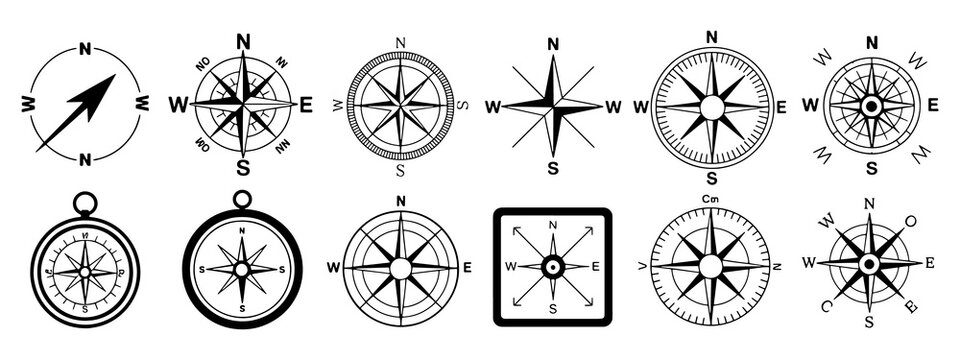 Collection of twelve black and white compass rose and wind rose navigation