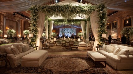 Fototapeta premium Elegant Wedding Reception Tent with Luxurious Seating and Floral Decor.