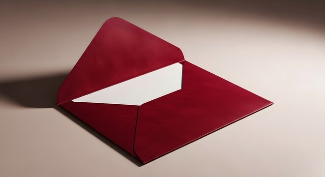 Open deep red luxury envelope with a white card insert, elegant stationery for invitations and announcements