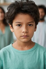 Obraz premium Young boy standing serious in family living room setting