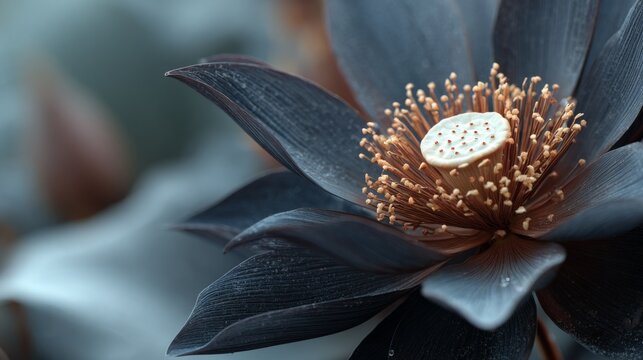Close-up of a dark blue lotus flower with intricate stamens and soft textures.