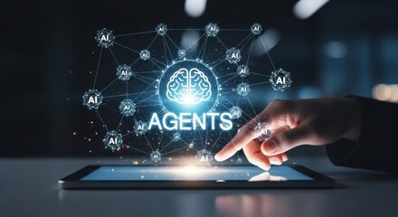 Fototapeta premium Business hand interacting with AI agents network on digital tablet futuristic interface