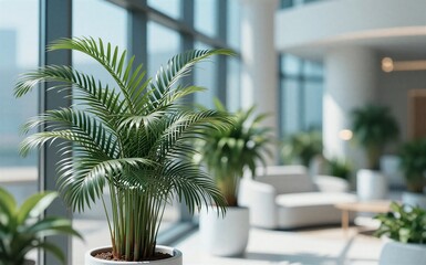 Fototapeta premium Lush green palm plant in modern office bright window backdrop.