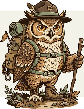 Cartoon owl hiker wearing a backpack and hat standing in the forest.