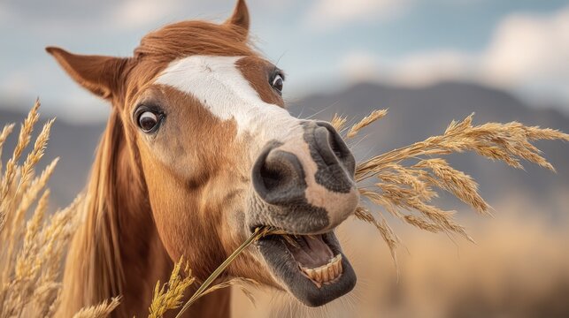 A close-up of a brown horse happily chewing on hay against a scenic backdrop.