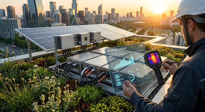 Solar energy system inspection on a modern city rooftop, engineer analyzing photovoltaic panels with advanced thermal imaging and holographic data, sustainable urban power generation