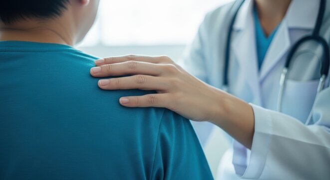 Compassionate doctor comforting a patient with a hand on their shoulder in a medical office