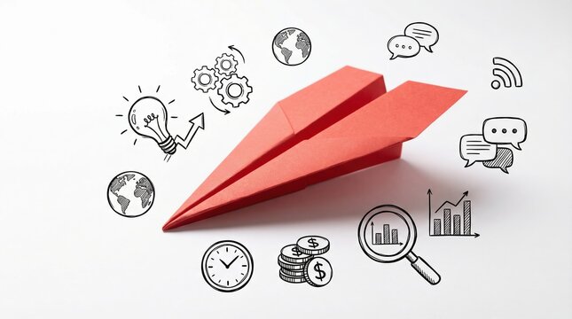 Red paper airplane launching with hand drawn business icons representing startup strategy, innovation, and growth.