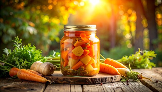 Eingelegtes Wurzelgem&uuml;se im Glas herbstlich