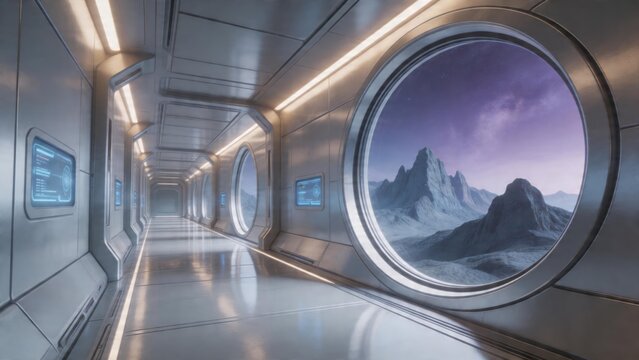Futuristic spaceship corridor with mountain view