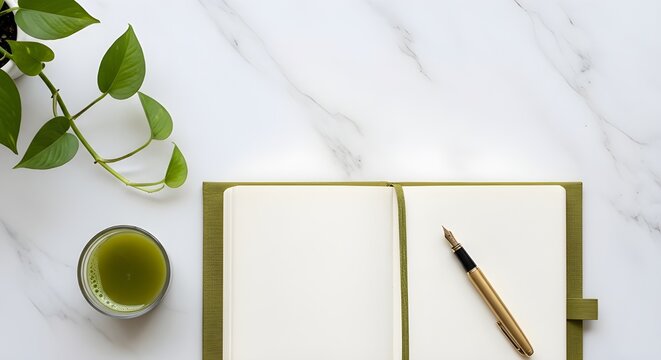 Elegant flat lay on a white marble surface featuring an open blank notebook in a green fabric cover, a gold fountain pen, a glass of green matcha tea, and a trailing ivy plant.
