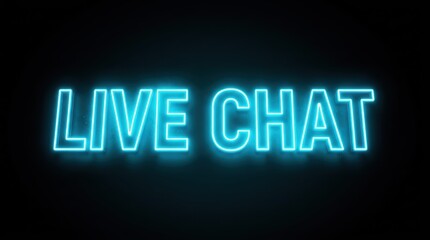 Obraz premium Glowing blue neon sign with the text live chat on a dark background for customer support and online communication.