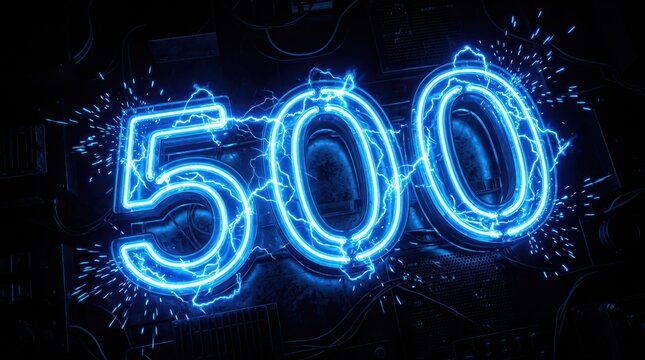 Glowing neon number five hundred with electric lightning sparks on a dark technological background.