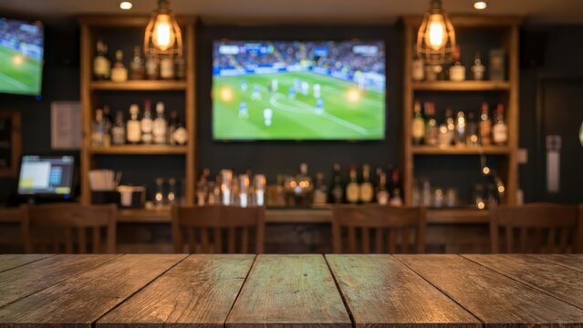 Empty wooden tabletop in a blurred sports bar interior with football match on television screen.