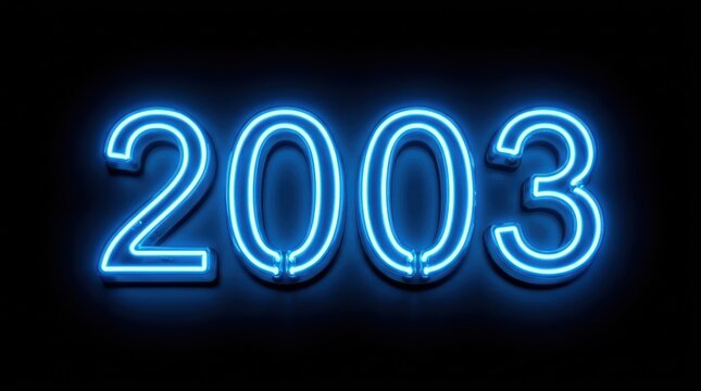Blue neon sign showing the year 2003 glowing against a dark black background.