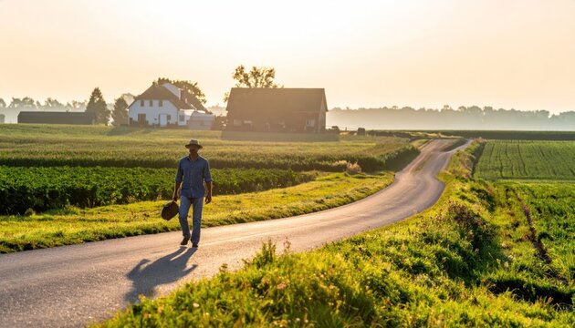 Amish Man Walking on Country Road at Sunrise with Farm in Background.