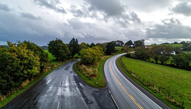 Aerial View of Wet Road Intersection on a Cloudy Day.
