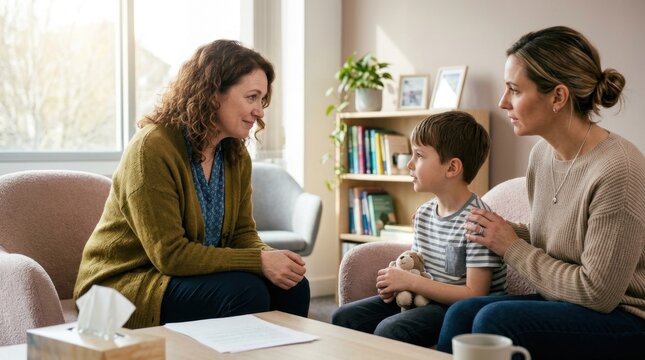 Mother and young son receiving professional guidance and support from a female child psychologist during a therapy session focused on mental health and emotional well-being.