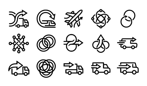 Urban industrial transport monoline icon collection with infrastructure and logistics outline elements vector set