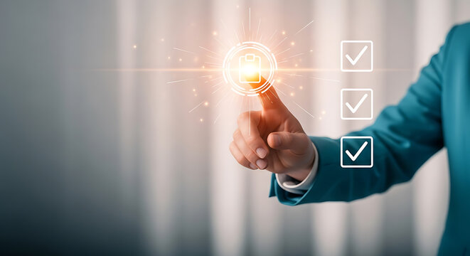 Businessman selects charging or battery optimization icon on digital interface with success checks